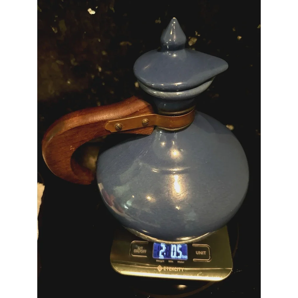 Vintage Bauer Pottery Plainware Blue Coffee Carafe Pitcher Wood Handle Lid MCM